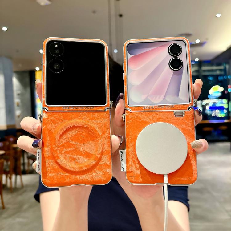 For Xiaomi Mix Flip 2 Nameplate Style Silver Edge Side Buckle Shimmering Velvet MagSafe Magnetic Phone Case - Orange