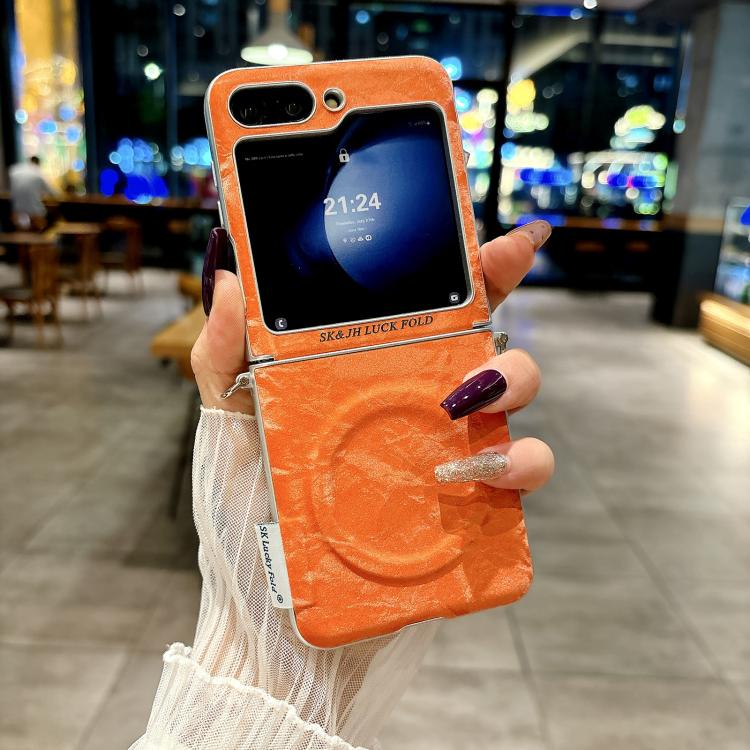 For Samsung Galaxy Z Flip6 5G / Flip7 FE Nameplate Style Silver Edge Side Buckle Shimmering Velvet MagSafe Magnetic Phone Case - Orange