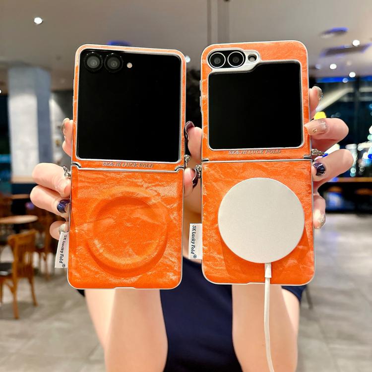 For Samsung Galaxy Z Flip6 5G / Flip7 FE Nameplate Style Silver Edge Side Buckle Shimmering Velvet MagSafe Magnetic Phone Case - Orange