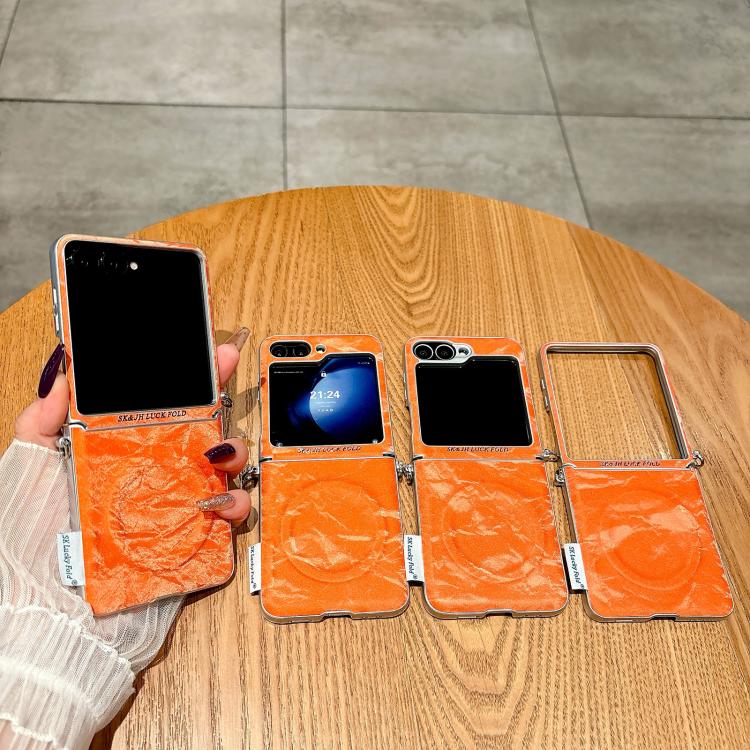 For Samsung Galaxy Z Flip7 5G Nameplate Style Silver Edge Side Buckle Shimmering Velvet MagSafe Magnetic Phone Case - Orange