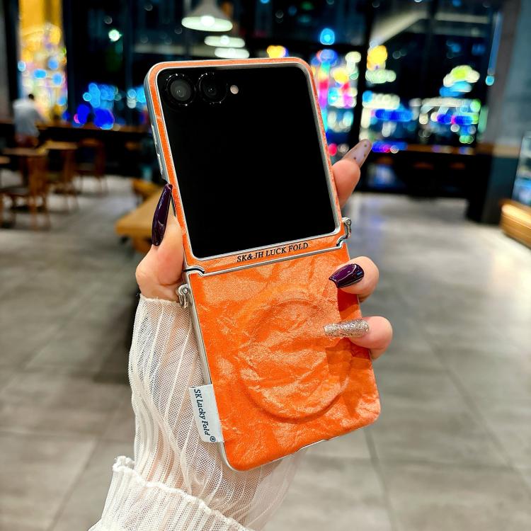 For Samsung Galaxy Z Flip5 5G Nameplate Style Silver Edge Side Buckle Shimmering Velvet MagSafe Magnetic Phone Case - Orange