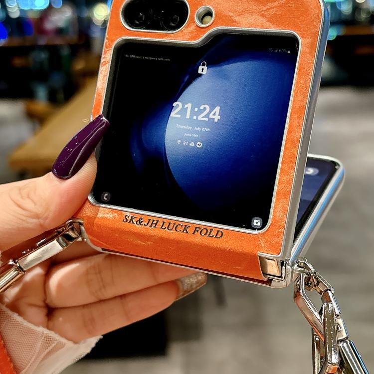 For Samsung Galaxy Z Flip5 5G Nameplate Style Silver Edge Side Buckle Shimmering Velvet MagSafe Magnetic Phone Case - Orange