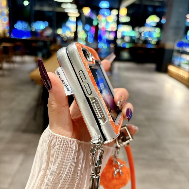 For Samsung Galaxy Z Flip5 5G Nameplate Style Silver Edge Side Buckle Shimmering Velvet MagSafe Magnetic Phone Case - Orange