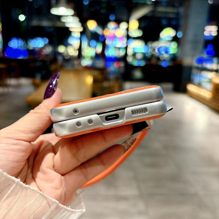 For Samsung Galaxy Z Flip5 5G Nameplate Style Silver Edge Side Buckle Shimmering Velvet MagSafe Magnetic Phone Case - Orange