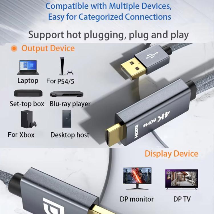 4K 60Hz HD HDMI to DP External Connection Video Adapter Cable, Length: 2m