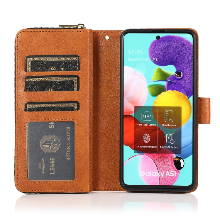 For Samsung Galaxy A51 Zipper Wallet Bag Horizontal Flip PU Leather Case with Holder & 9 Card Slots & Wallet & Lanyard & Photo Frame