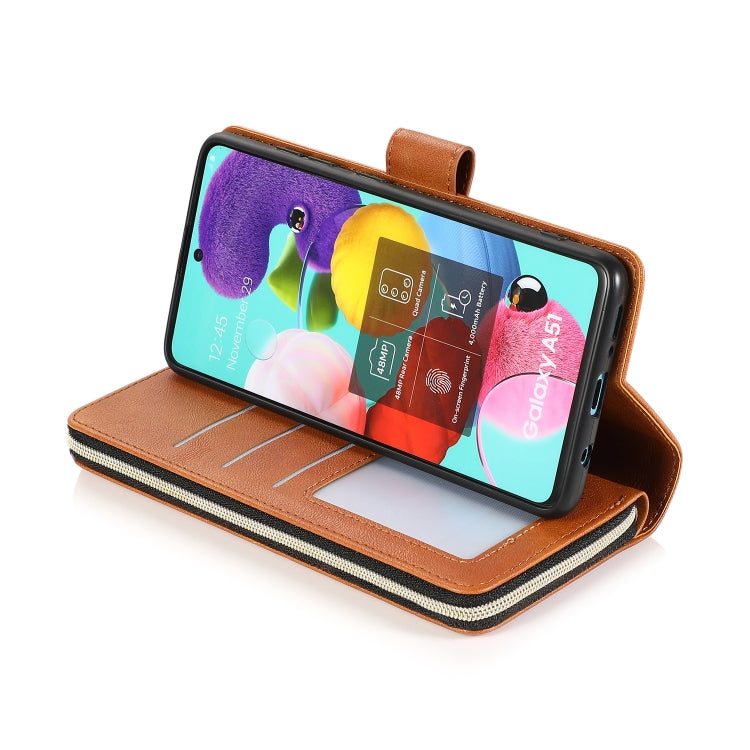 For Samsung Galaxy A51 Zipper Wallet Bag Horizontal Flip PU Leather Case with Holder & 9 Card Slots & Wallet & Lanyard & Photo Frame