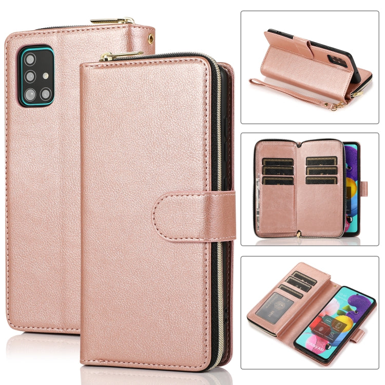 For Samsung Galaxy A51 Zipper Wallet Bag Horizontal Flip PU Leather Case with Holder & 9 Card Slots & Wallet & Lanyard & Photo Frame