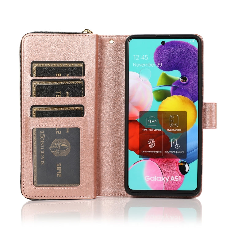 For Samsung Galaxy A51 Zipper Wallet Bag Horizontal Flip PU Leather Case with Holder & 9 Card Slots & Wallet & Lanyard & Photo Frame