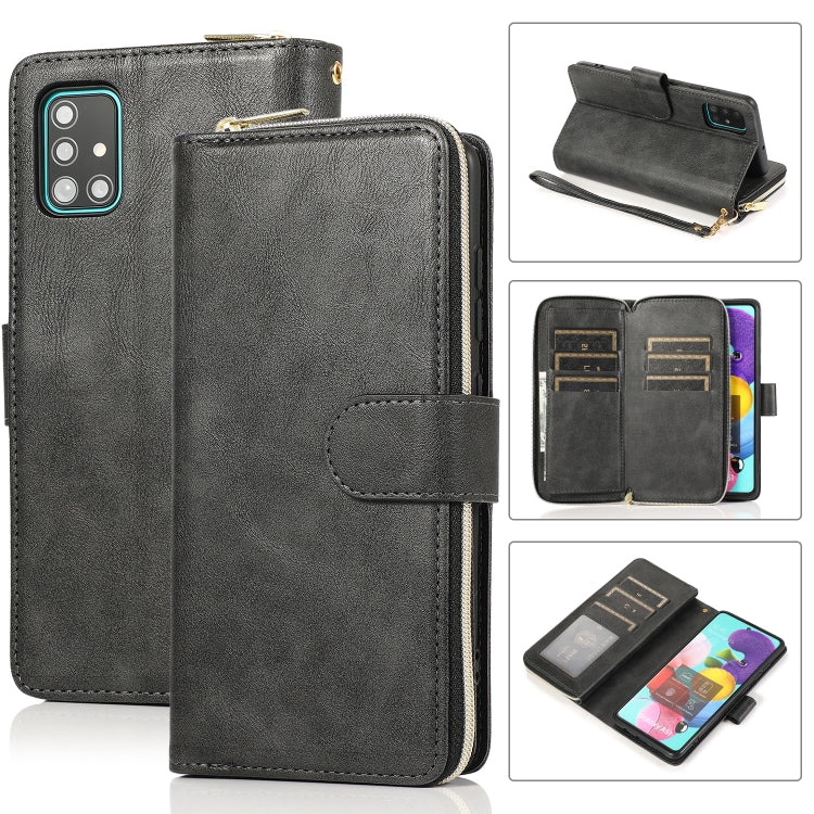 For Samsung Galaxy A51 Zipper Wallet Bag Horizontal Flip PU Leather Case with Holder & 9 Card Slots & Wallet & Lanyard & Photo Frame