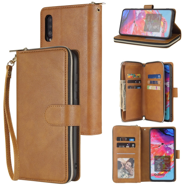 For Samsung Galaxy A70 Zipper Wallet Bag Horizontal Flip PU Leather Case with Holder & 9 Card Slots & Wallet & Lanyard & Photo Frame