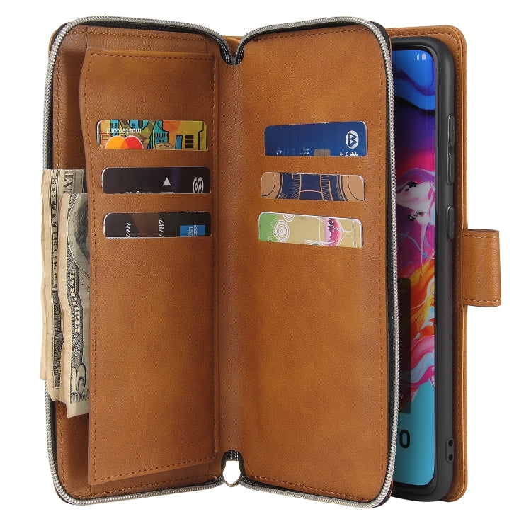 For Samsung Galaxy A70 Zipper Wallet Bag Horizontal Flip PU Leather Case with Holder & 9 Card Slots & Wallet & Lanyard & Photo Frame