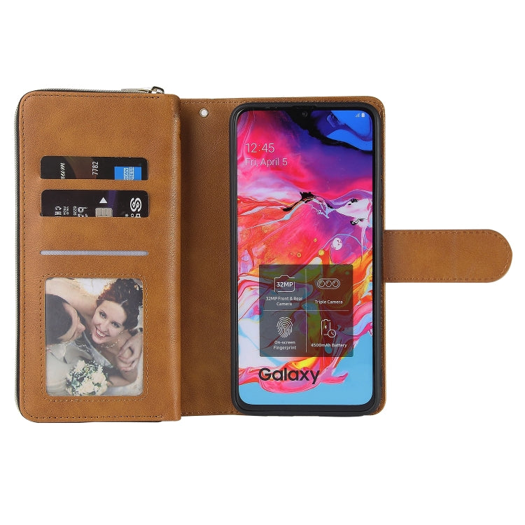 For Samsung Galaxy A70 Zipper Wallet Bag Horizontal Flip PU Leather Case with Holder & 9 Card Slots & Wallet & Lanyard & Photo Frame