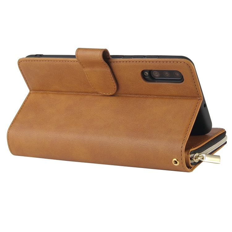 For Samsung Galaxy A70 Zipper Wallet Bag Horizontal Flip PU Leather Case with Holder & 9 Card Slots & Wallet & Lanyard & Photo Frame