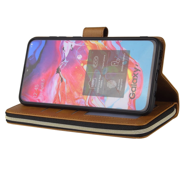 For Samsung Galaxy A70 Zipper Wallet Bag Horizontal Flip PU Leather Case with Holder & 9 Card Slots & Wallet & Lanyard & Photo Frame