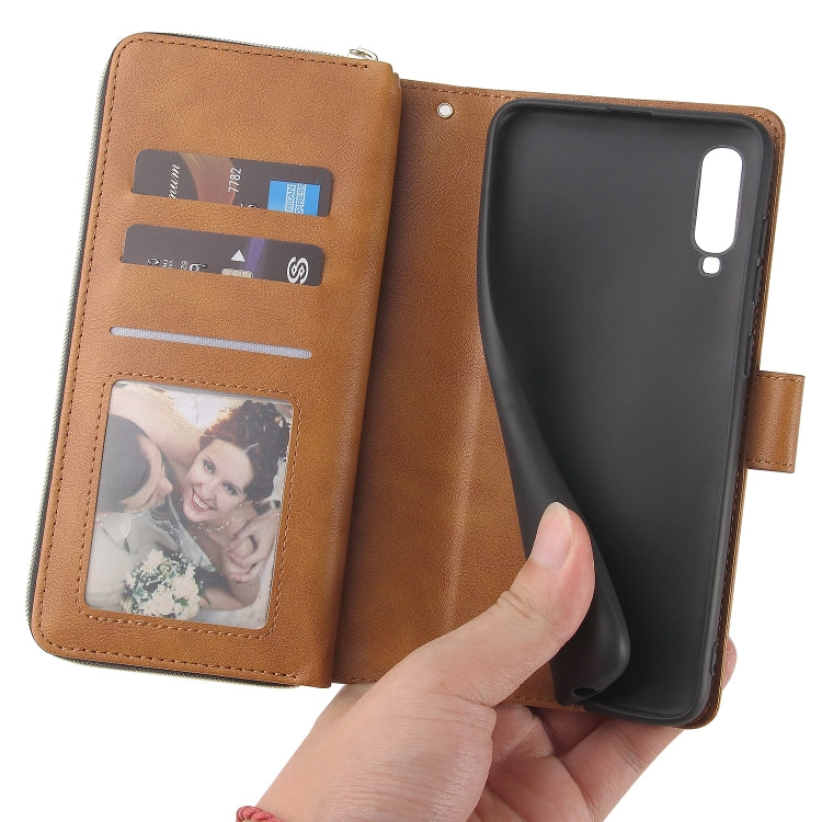 For Samsung Galaxy A70 Zipper Wallet Bag Horizontal Flip PU Leather Case with Holder & 9 Card Slots & Wallet & Lanyard & Photo Frame