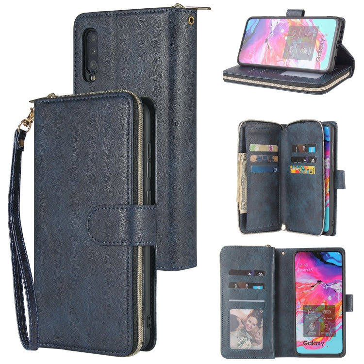 For Samsung Galaxy A70 Zipper Wallet Bag Horizontal Flip PU Leather Case with Holder & 9 Card Slots & Wallet & Lanyard & Photo Frame