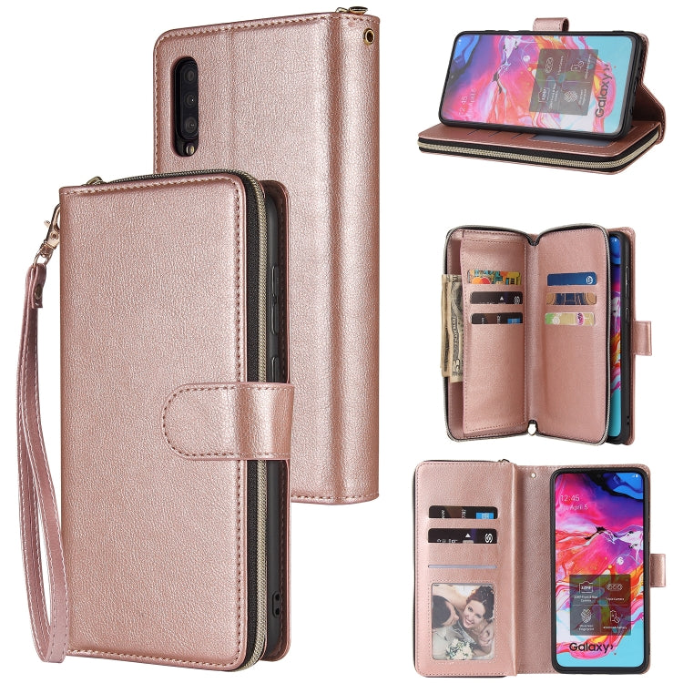 For Samsung Galaxy A70 Zipper Wallet Bag Horizontal Flip PU Leather Case with Holder & 9 Card Slots & Wallet & Lanyard & Photo Frame