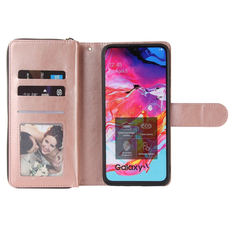 For Samsung Galaxy A70 Zipper Wallet Bag Horizontal Flip PU Leather Case with Holder & 9 Card Slots & Wallet & Lanyard & Photo Frame