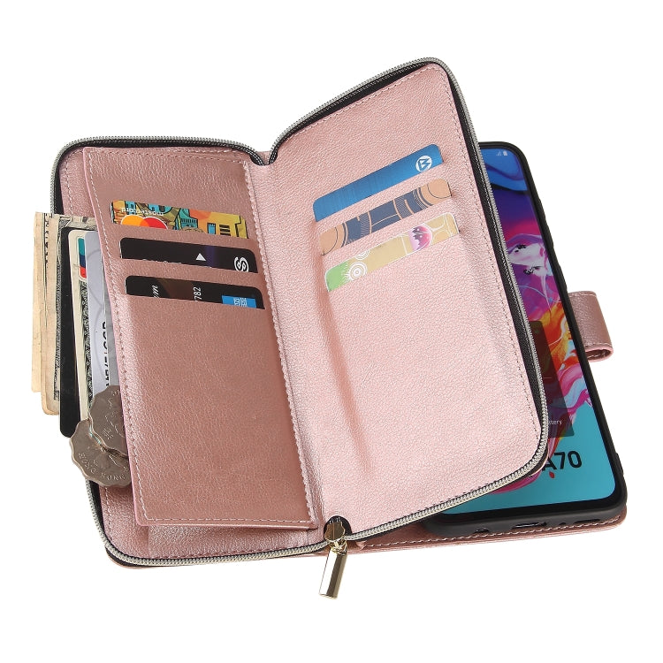 For Samsung Galaxy A70 Zipper Wallet Bag Horizontal Flip PU Leather Case with Holder & 9 Card Slots & Wallet & Lanyard & Photo Frame