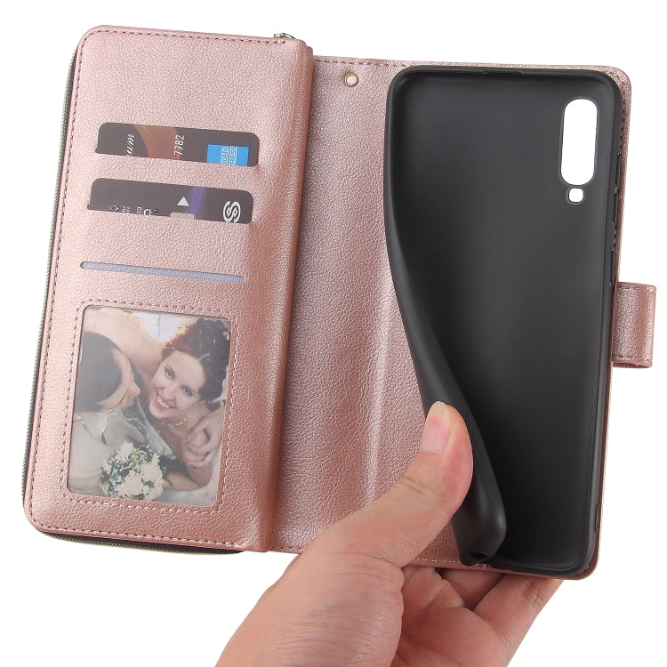 For Samsung Galaxy A70 Zipper Wallet Bag Horizontal Flip PU Leather Case with Holder & 9 Card Slots & Wallet & Lanyard & Photo Frame