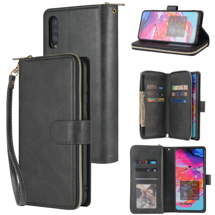 For Samsung Galaxy A70 Zipper Wallet Bag Horizontal Flip PU Leather Case with Holder & 9 Card Slots & Wallet & Lanyard & Photo Frame