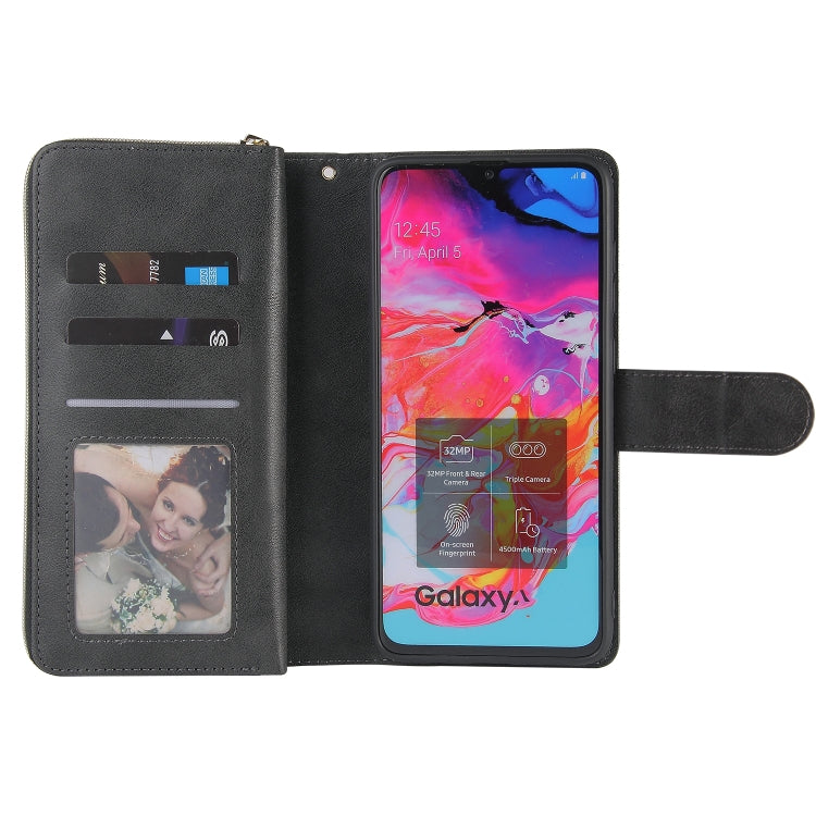 For Samsung Galaxy A70 Zipper Wallet Bag Horizontal Flip PU Leather Case with Holder & 9 Card Slots & Wallet & Lanyard & Photo Frame
