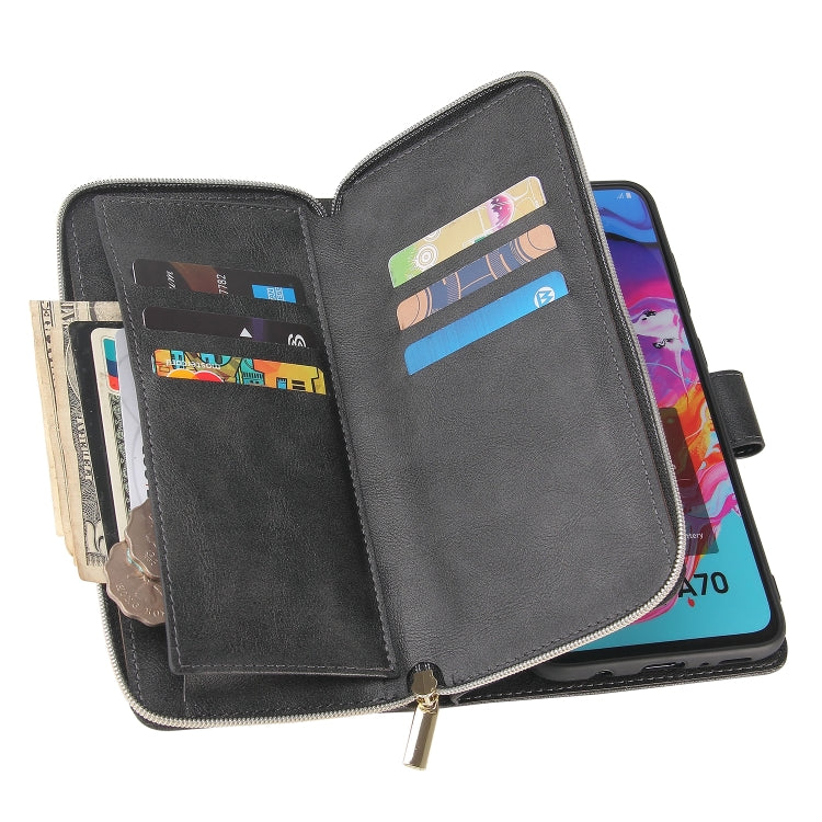 For Samsung Galaxy A70 Zipper Wallet Bag Horizontal Flip PU Leather Case with Holder & 9 Card Slots & Wallet & Lanyard & Photo Frame