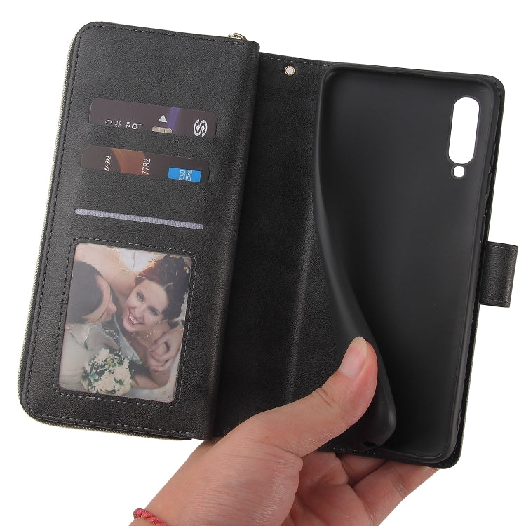 For Samsung Galaxy A70 Zipper Wallet Bag Horizontal Flip PU Leather Case with Holder & 9 Card Slots & Wallet & Lanyard & Photo Frame
