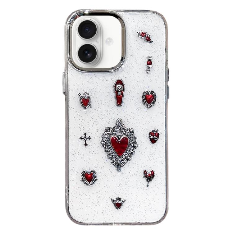 For iPhone 16 Plus Large Hole Camera Frame Dark-themed Heart Design Full Coverage Phone Case - Transparent