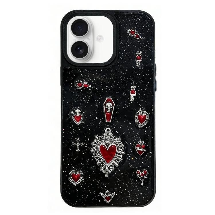 For iPhone 16 Large Hole Camera Frame Dark-themed Heart Design Full Coverage Phone Case