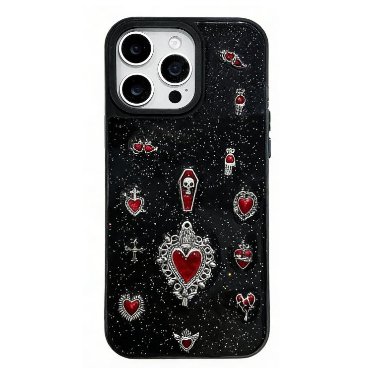 For iPhone 15 Pro Max Large Hole Camera Frame Dark-themed Heart Design Full Coverage Phone Case