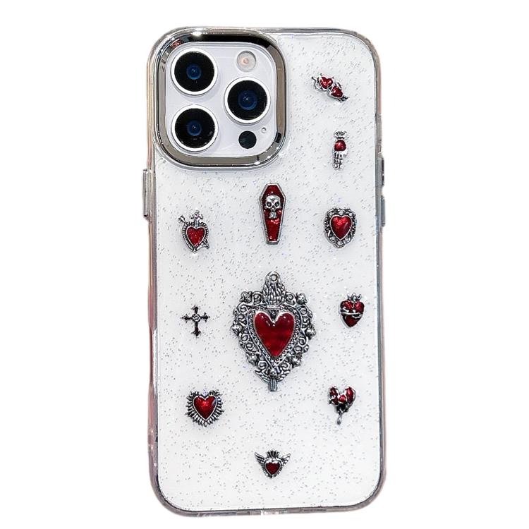 For iPhone 15 Pro Large Hole Camera Frame Dark-themed Heart Design Full Coverage Phone Case - Transparent
