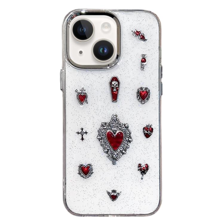 For iPhone 15 Large Hole Camera Frame Dark-themed Heart Design Full Coverage Phone Case - Transparent