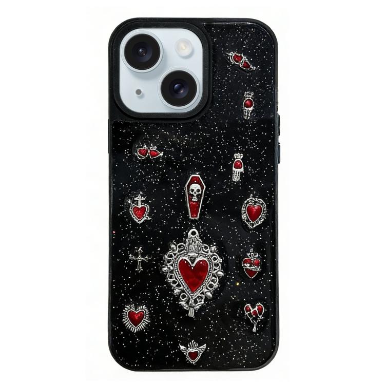 For iPhone 15 Large Hole Camera Frame Dark-themed Heart Design Full Coverage Phone Case