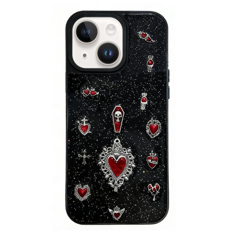 For iPhone 13 Large Hole Camera Frame Dark-themed Heart Design Full Coverage Phone Case