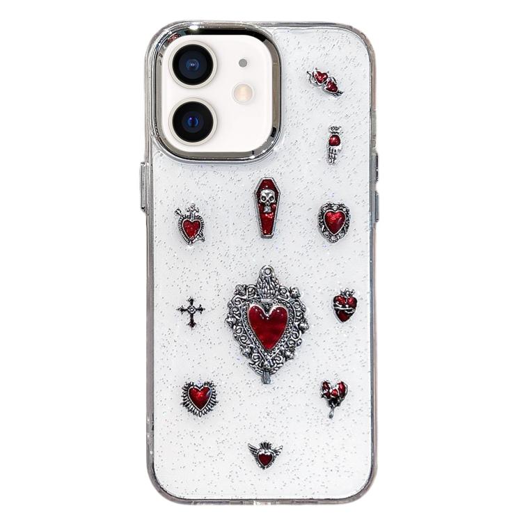 For iPhone 12 Large Hole Camera Frame Dark-themed Heart Design Full Coverage Phone Case - Transparent