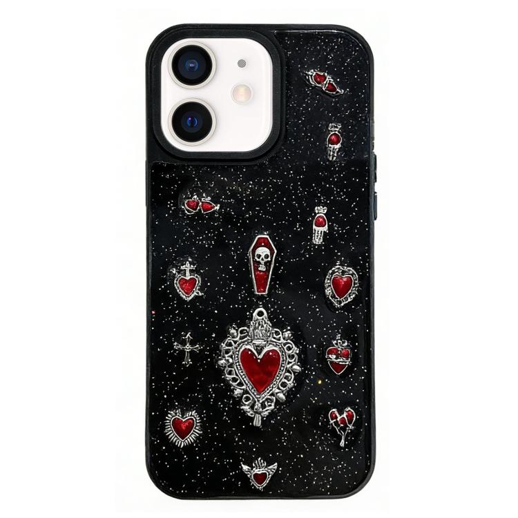 For iPhone 12 Large Hole Camera Frame Dark-themed Heart Design Full Coverage Phone Case