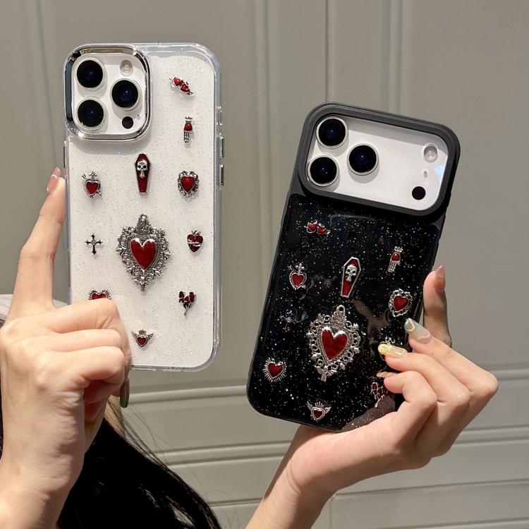 For iPhone 17 Large Hole Camera Frame Dark-themed Heart Design Full Coverage Phone Case - Transparent