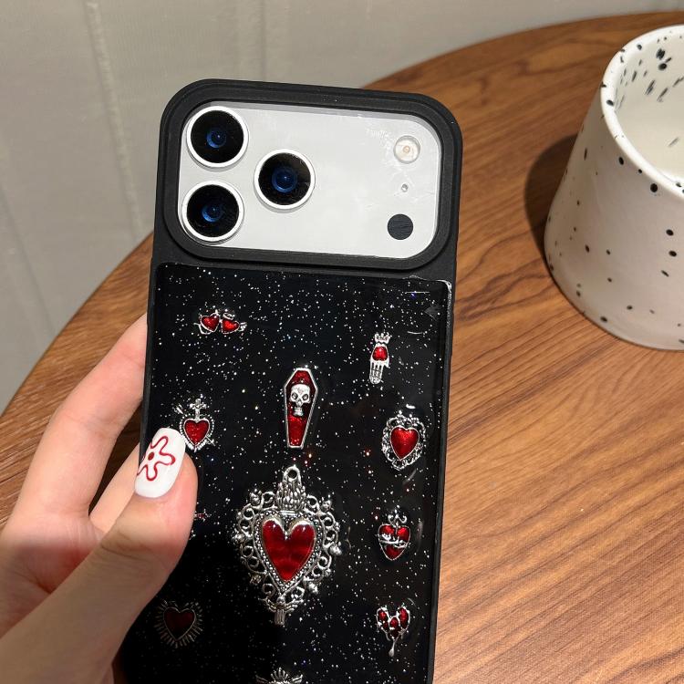 For iPhone 17 Large Hole Camera Frame Dark-themed Heart Design Full Coverage Phone Case - Transparent