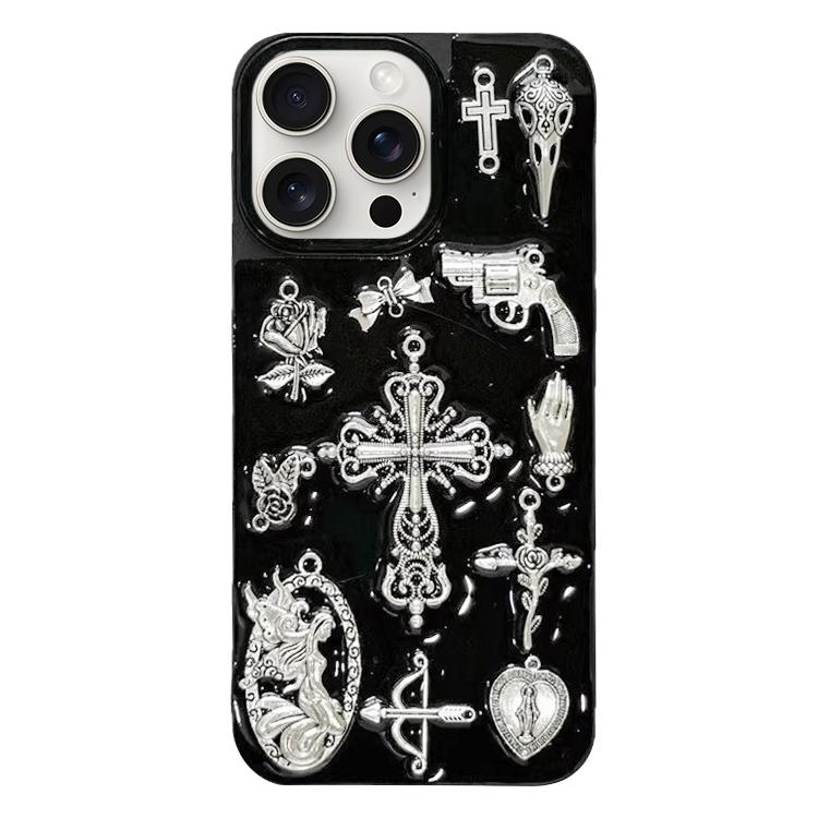 For iPhone 15 Pro Large Hole Camera Frame Dark-themed Gun Design Full Coverage Phone Case