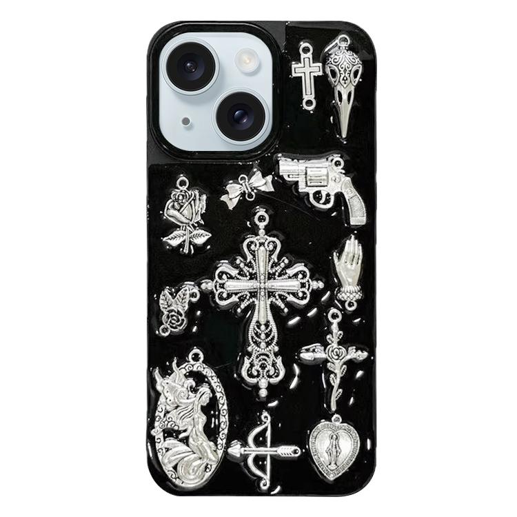 For iPhone 15 Large Hole Camera Frame Dark-themed Gun Design Full Coverage Phone Case