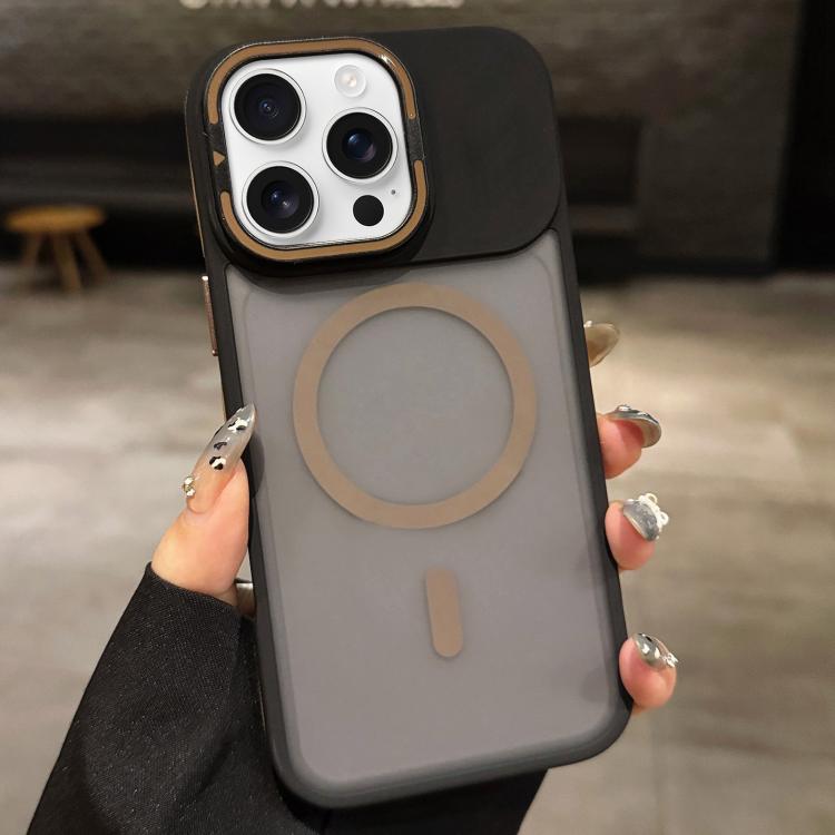 For iPhone 16 Pro Skin Feel Frosted Metal Lens Holder MagSafe Magnetic Phone Case