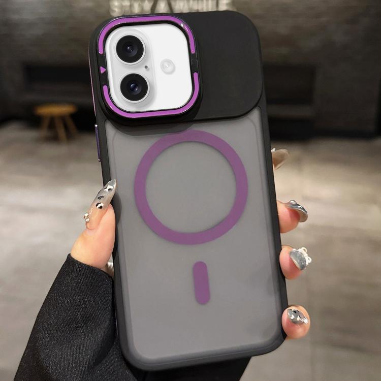 For iPhone 16 Skin Feel Frosted Metal Lens Holder MagSafe Magnetic Phone Case