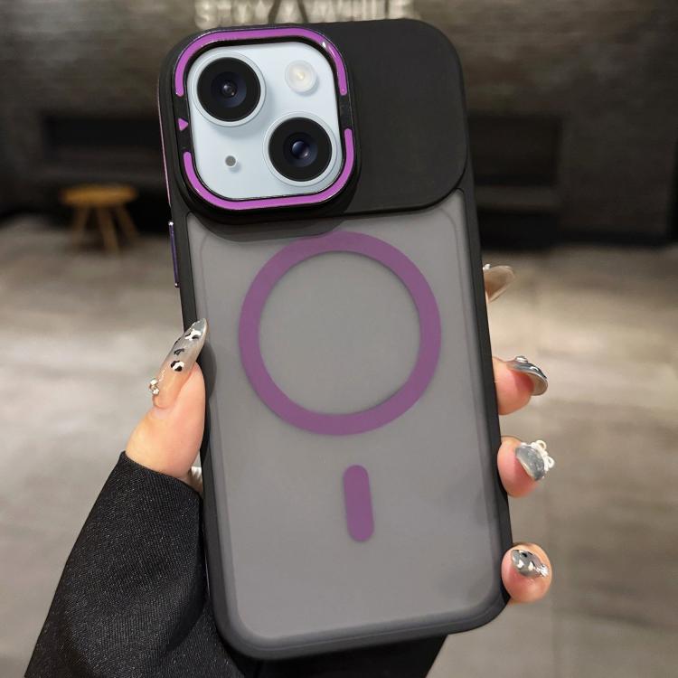 For iPhone 15 Skin Feel Frosted Metal Lens Holder MagSafe Magnetic Phone Case