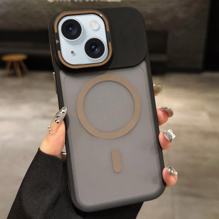 For iPhone 15 Skin Feel Frosted Metal Lens Holder MagSafe Magnetic Phone Case