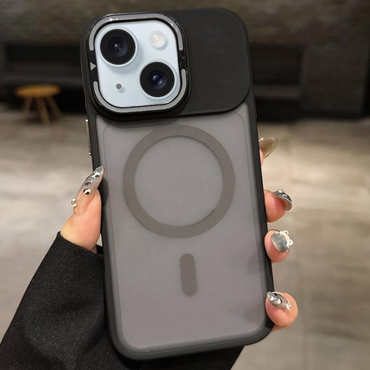 For iPhone 15 Skin Feel Frosted Metal Lens Holder MagSafe Magnetic Phone Case