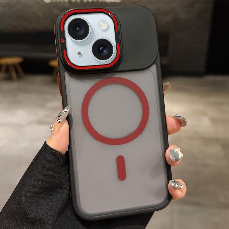 For iPhone 15 Skin Feel Frosted Metal Lens Holder MagSafe Magnetic Phone Case