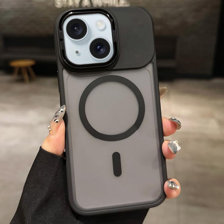 For iPhone 15 Skin Feel Frosted Metal Lens Holder MagSafe Magnetic Phone Case
