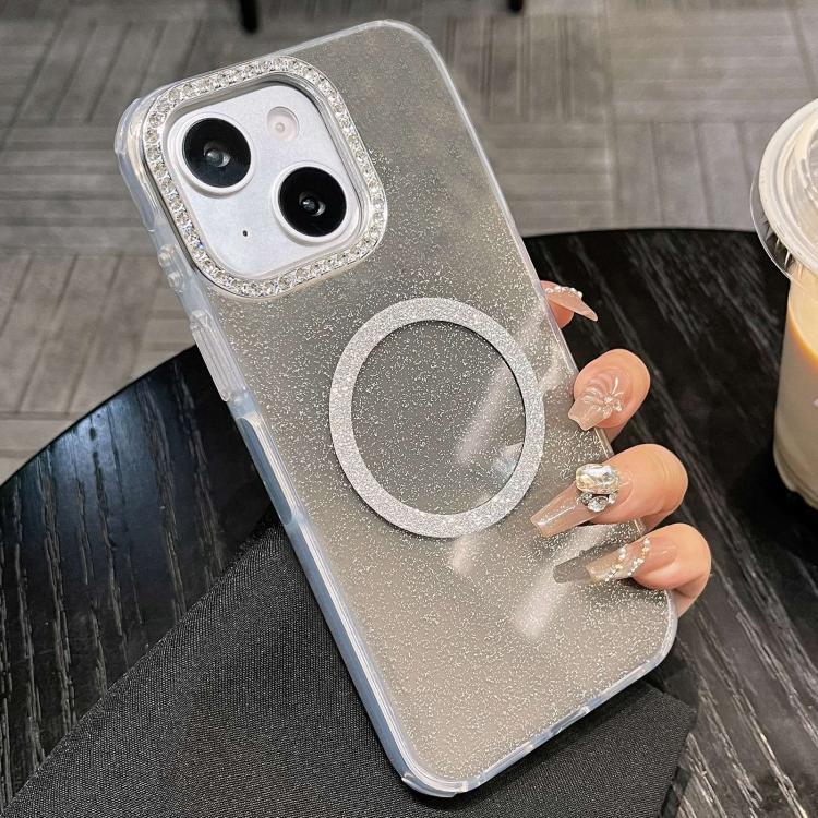 For iPhone 15 Rounded Edge Semi-transparent Glitter MagSafe Phone Case